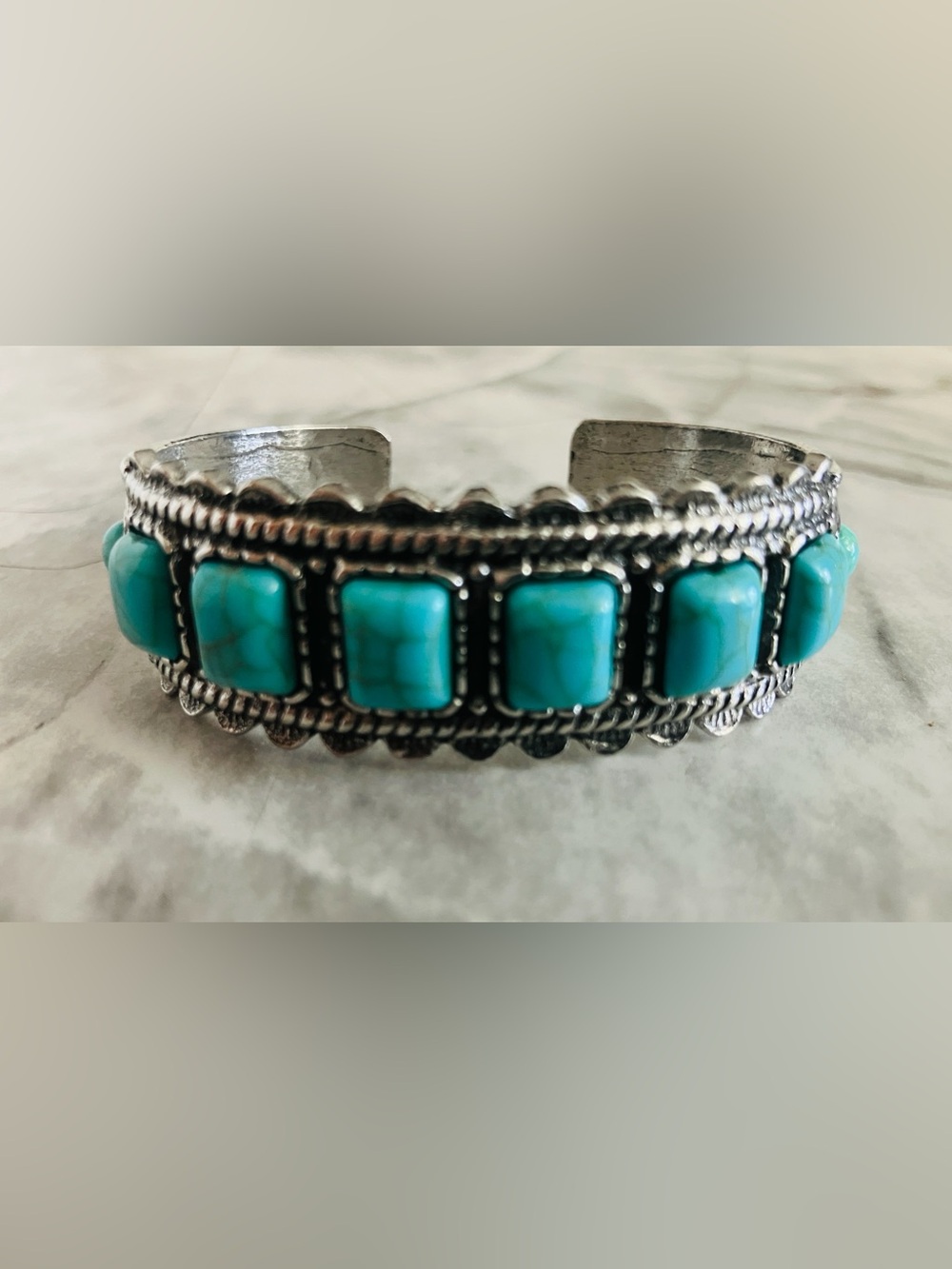 Turquoise Stone Silver Cuff Bracelet - Blue
